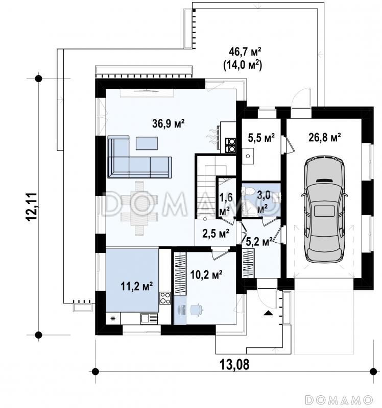 Проект загородного двухэтажного дома с гаражом и террасой над ним, кухней с двумя окнами, кладовой / План 1 этажа