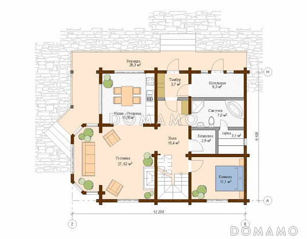 Проект дома из клееного бруса с большим балконом на мансардном этаже / План 1 этажа
