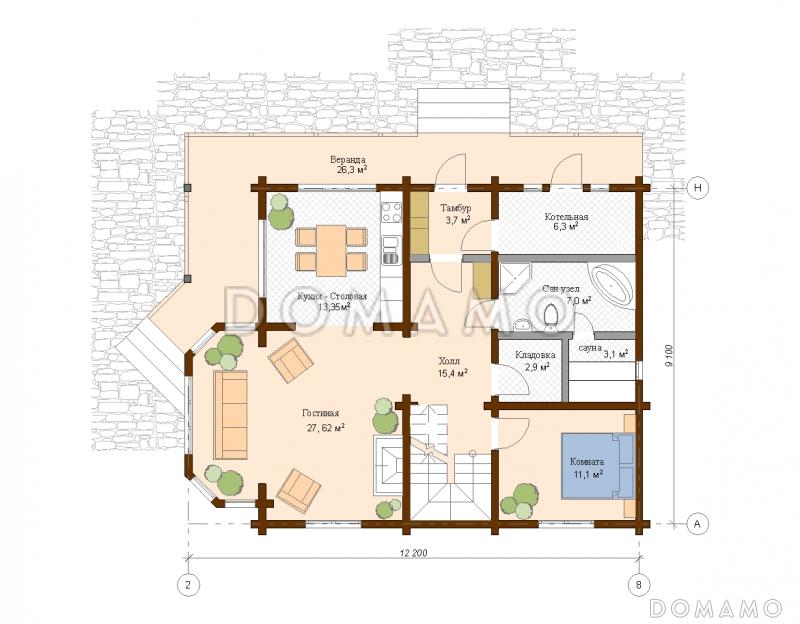 Проект дома из клееного бруса с большим балконом на мансардном этаже / План 1 этажа