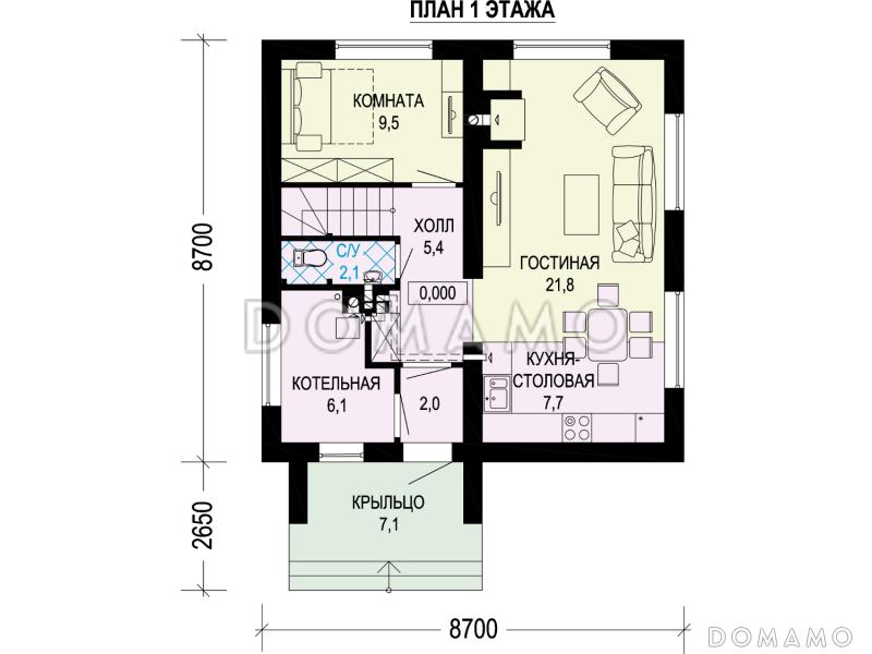 Проект двухэтажного дома с котельной с окном, комнатой на первом этаже и тремя спальнями на втором / План 1 этажа