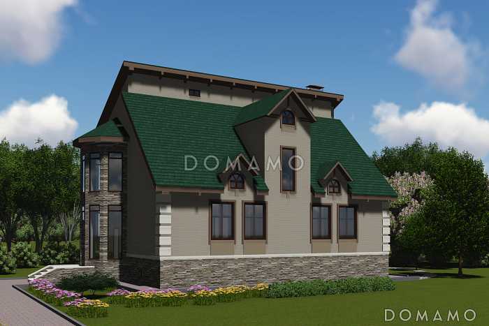 Проект одноэтажного дома с мансардным и цокольным этажами с эркером