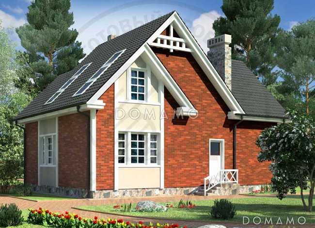 Проект одноэтажного дома с длинной крытой террасой, просторной гостиной и комнатой на первом этаже и тремя спальнями на мансардном этаже