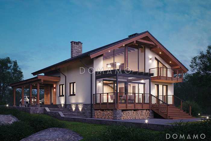 Шале с двумя спальнями, просторной дневной зоной со вторым светом и навесом для двух машин