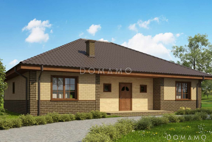 Проект одноэтажного дома из кирпича с облицовкой кирпичом с зоной барбекю на террасе