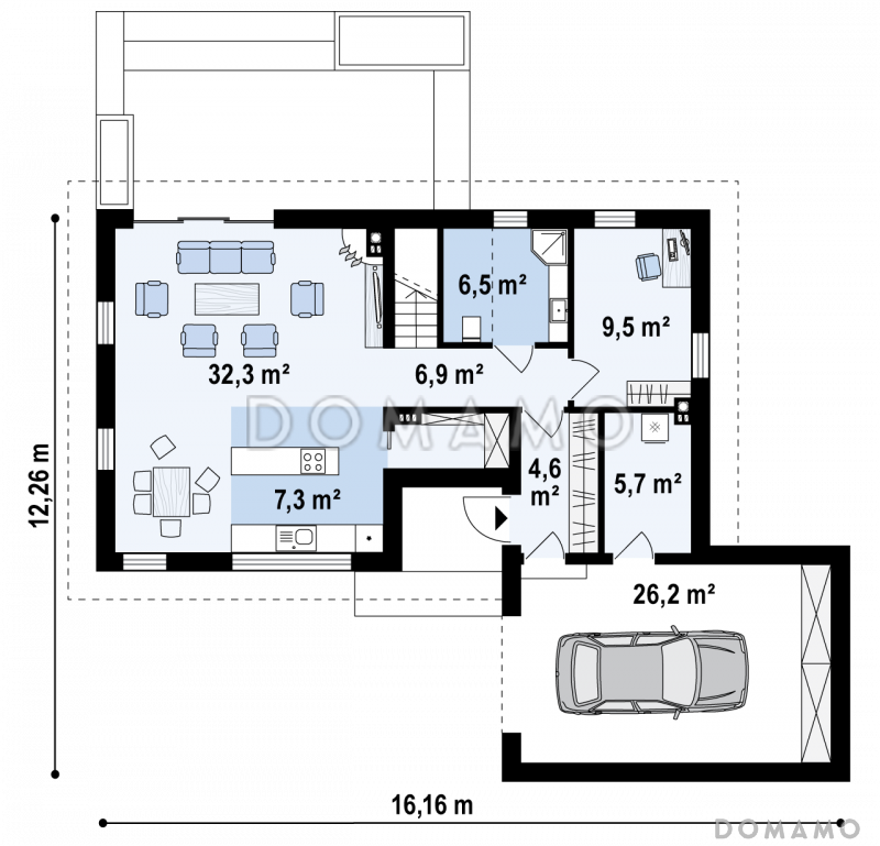 Проект одноэтажного мансардного дома из газобетона с кабинетом, балконом и гаражом / План 1 этажа