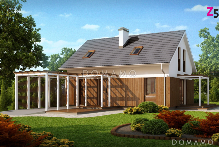 Проект одноэтажного мансардного дома из кирпича с навесом для автомобиля