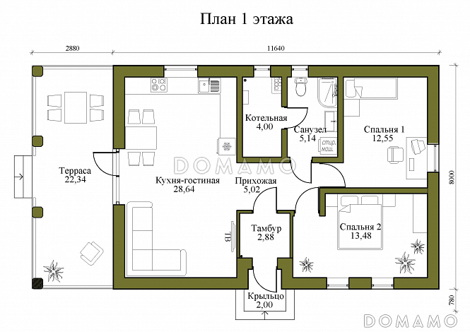 Проект одноэтажного дома из газобетона с большой террасой и двумя спальнями / План 1 этажа