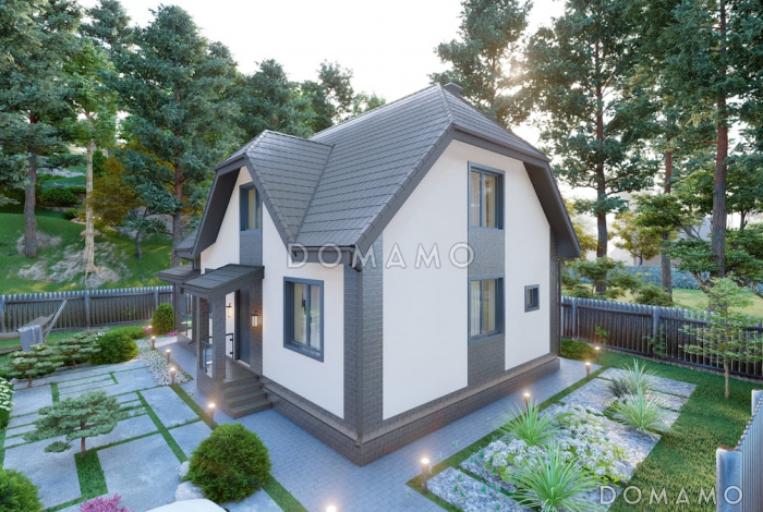 Проект мансардного дома с встроенной сауной, крытой террасой и кабинетом