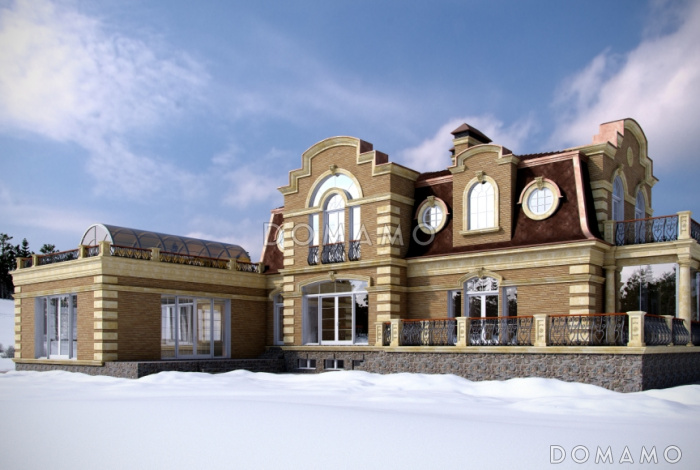 Проект дома с террасой и крытой верандой с колоннами