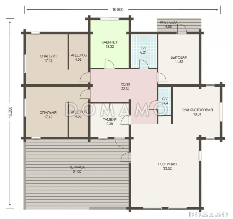 Проект уютного одноэтажного дома из клееного бруса / План 1 этажа