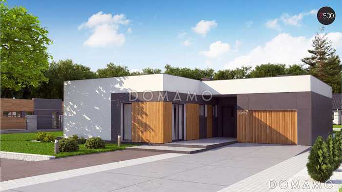 Проект современного одноэтажного дома из кирпича с плоской крышей, с четырьмя комнатами и одноместным гаражом