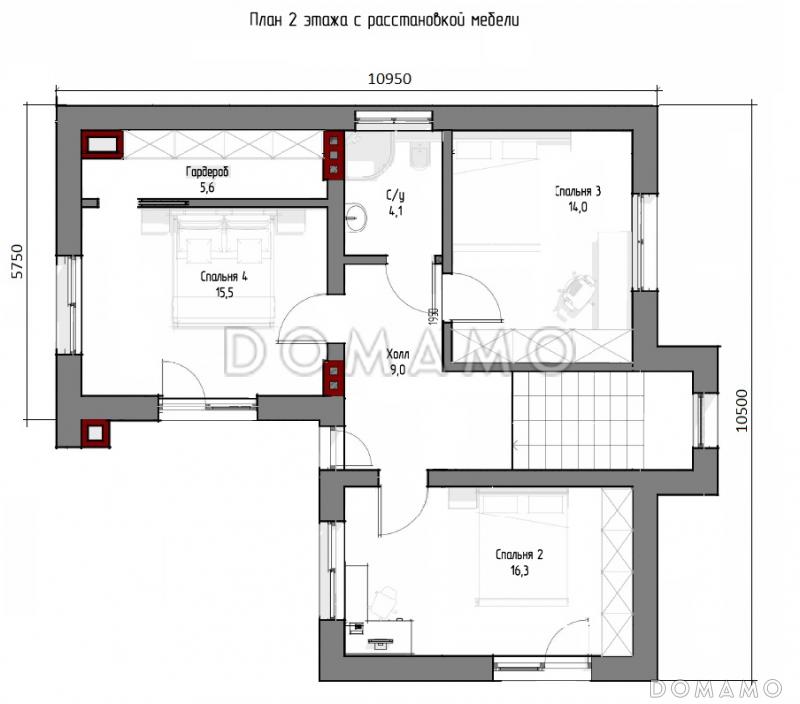 Проект двухэтажного дома с плоской крышей, изолированной кухней-столовой, гостиной с выходом на террасу, гостевой комнатой / План 2 этажа