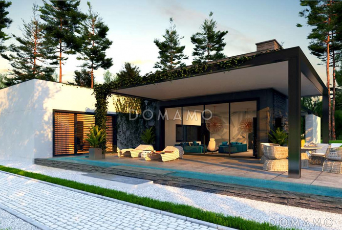 Проект современного одноэтажного дома из газобетона с плоской крышей, с тремя спальнями, большой террасой и навесом