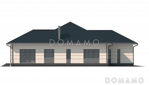 Проект одноэтажного дома с широкой террасой, кухней-столовой, гаражом / Фасад 3