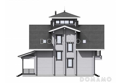 Проект двухэтажного дома из бруса с масштабной крытой террасой и бельведером / Фасад 1