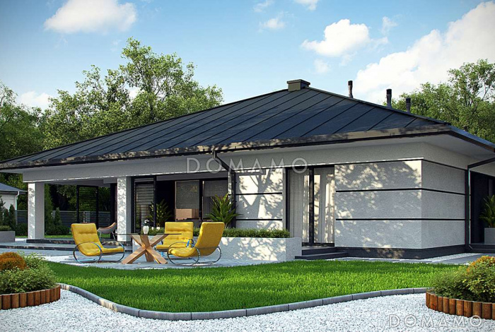 Проект комфортного одноэтажного дома из кирпича с четырьмя спальнями, просторной гостиной и гаражом