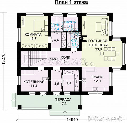 Проект дома из СИП панелей с панорамными окнами и натуральной черепицей / План 1 этажа