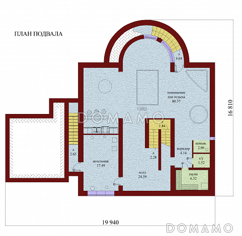 Проект одноэтажного дома с мансардой, цоколем и чердаком, со стеклянным эркером / План цокольного этажа