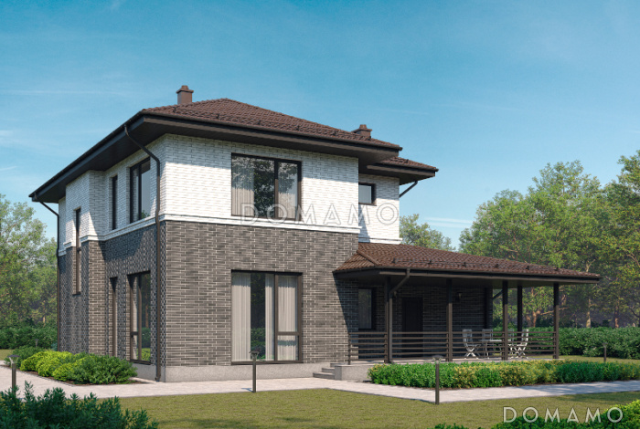 Проект двухэтажного дома с широким крыльцом, отдельным блоком для гостей, террасой