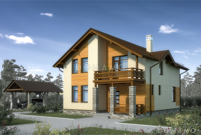 Проект коттеджа из белого клинкера с эркером и деревянными вставками