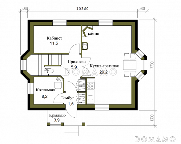 Проект лаконичного полутораэтажного коттеджа из кирпича / План 1 этажа