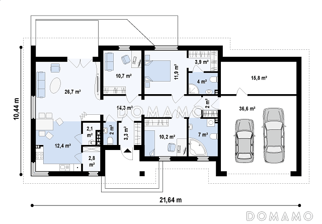Проект одноэтажного дома из газобетона с большим встроенным гаражом на два автомобиля и мастерской  / План 1 этажа