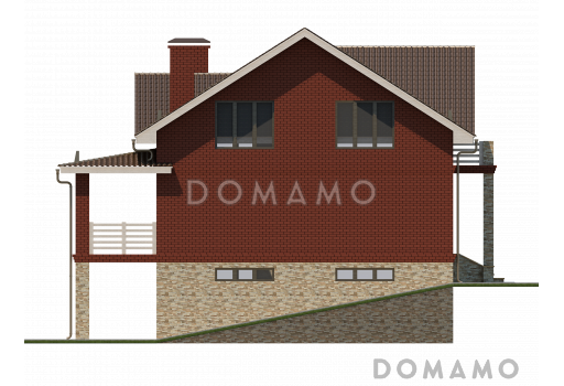 Проект дома с мансардным и цокольным этажом, с гаражом и крытой террасой на втором этаже / Фасад 2