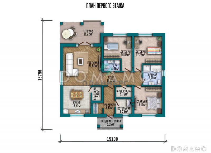 Проект одноэтажного дома с просторной террасой и гостиной / План 1 этажа