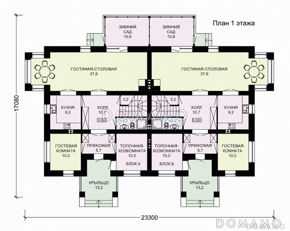 Проект двухэтажного дома для двух семей с зимним садом / План 1 этажа