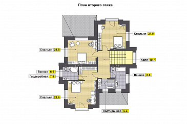 Проект дома с крытой террасой, кладовой под лестницей, гостевой на первом этаже, хозяйской спальней на втором этаже / План 2 этажа