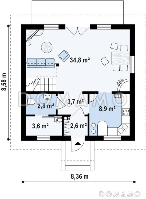 Проект одноэтажного дома из кирпича с отделкой из кирпича с мансардой и просторной гостиной / План 1 этажа