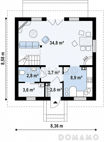 Проект одноэтажного дома из кирпича с отделкой из кирпича с мансардой и просторной гостиной / План 1 этажа