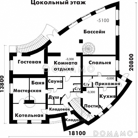 Проект комфортабельного дома с баней, бассейном, сауной и огромной террасой с барбекю / План 1 этажа