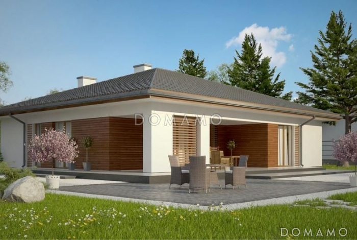 Проект одноэтажного дома с четким зонированием, крытой террасой, гостиной с камином, изолированной кухней