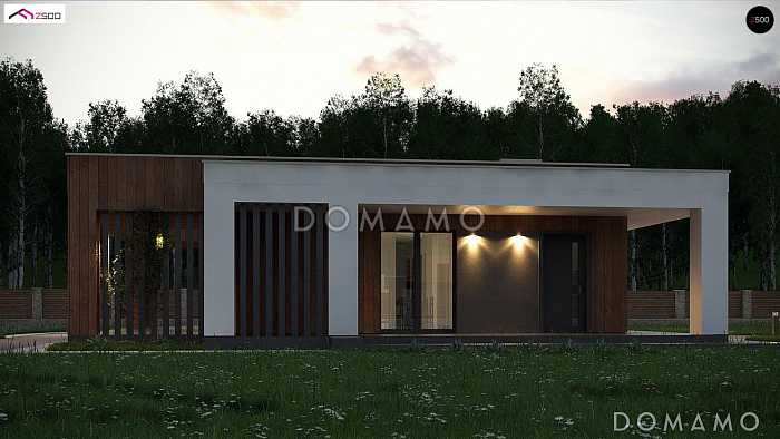 Проект простого одноэтажного дома из кирпича с плоской крышей с тремя спальнями  и крытой террасой 