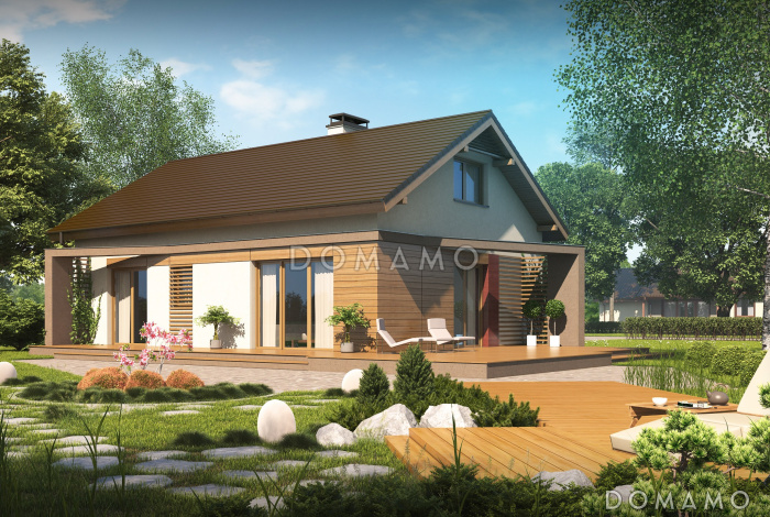 Проект компактного одноэтажного дома из кирпича с оригинальной открытой террасой по периметру