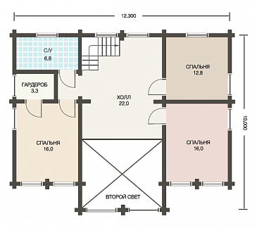 Проект дома из клееного бруса с большой верандой перед домом / План мансардного этажа