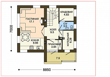 Проект небольшого двухэтажного коттеджа в польском стиле из СИП панелей / План 1 этажа