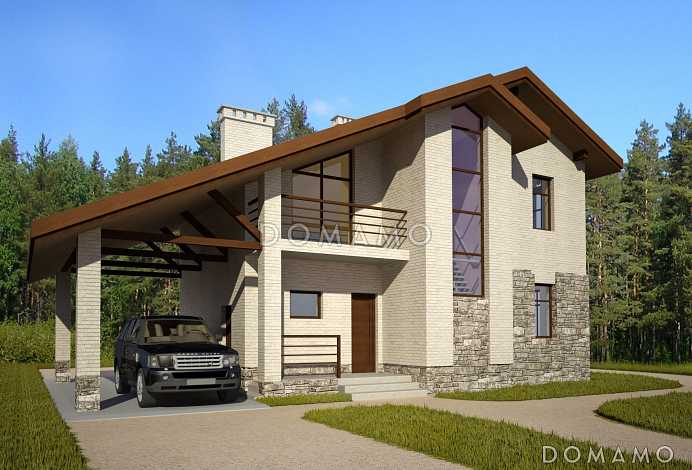 Проект загородного дома с открытой террасой и навесом для автомобиля, панорамными окнами