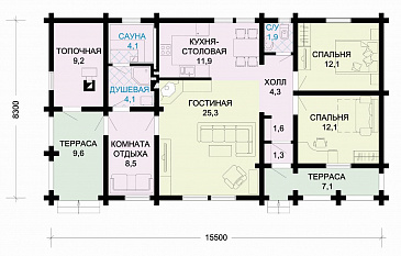 Проект одноэтажного лаконичного дома из оцилиндрованного бревна с просторной гостиной / План 1 этажа