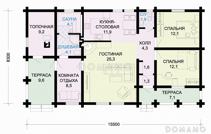 Проект одноэтажного лаконичного дома из оцилиндрованного бревна с просторной гостиной / План 1 этажа