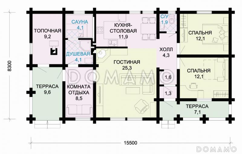 Проект одноэтажного лаконичного дома из оцилиндрованного бревна с просторной гостиной / План 1 этажа