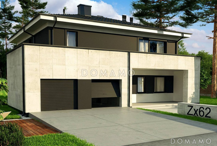 Проект современного двухэтажного дома из кирпича с четырьмя спальнями, кабинетом и большим гаражом