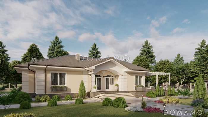 Проект одноэтажного дома из газобетона в классическом стиле