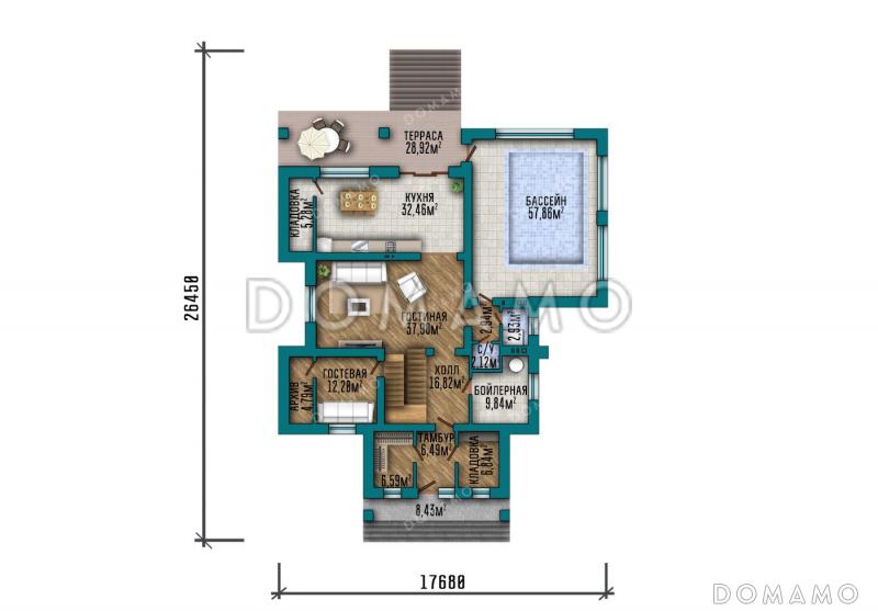 Проект современного особняка с бассейном, бильярдной и открытыми балконами на третьем этаже / План 1 этажа