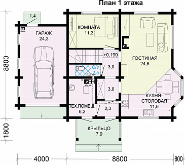 Проект дома из бруса с гаражом / План 1 этажа