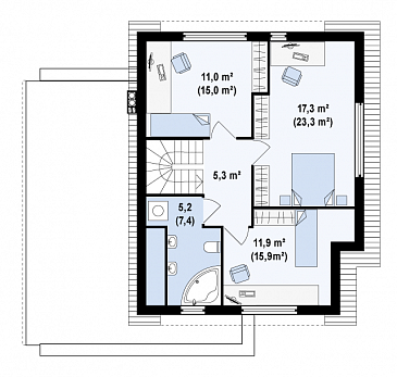 Проект современного одноэтажного мансардного дома из газобетона с тремя комнатами, угловой террасой и гаражом / План мансардного этажа