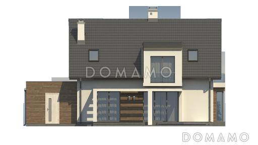 Проект одноэтажного мансардного дома из газобетона с остеклённым прямоугольным эркером, панорамными окнами на мансарде и гаражом  / Фасад 2