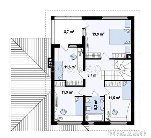 Проект современного двухэтажного дома из кирпича с четырьмя спальнями, кабинетом и пристроенным гаражом / План 2 этажа