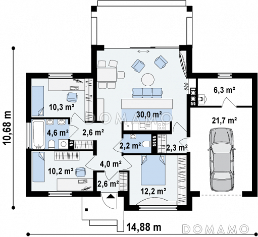 Проект одноэтажного дома из кирпича со встроенным гаражом / План 1 этажа